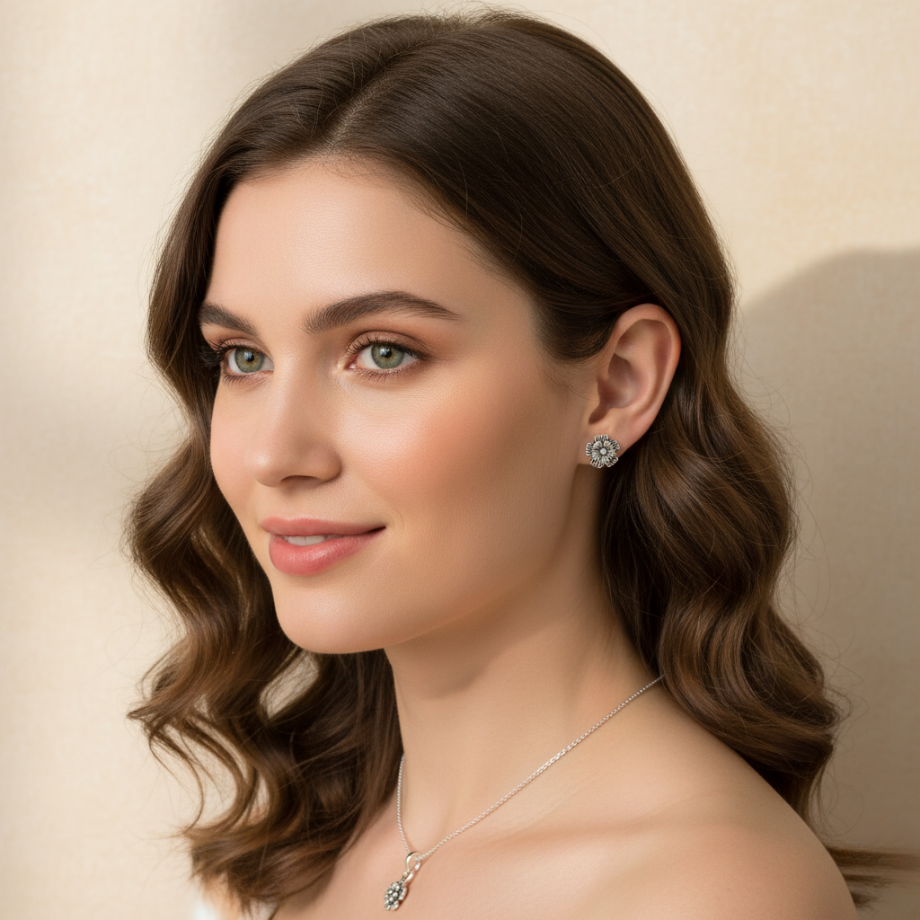 Five Petals Oxidized Sterling Silver Pendent Set With Chain For Women