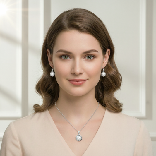 White Stone Sunflower Sterling Silver Pendant Set with Chain for Women