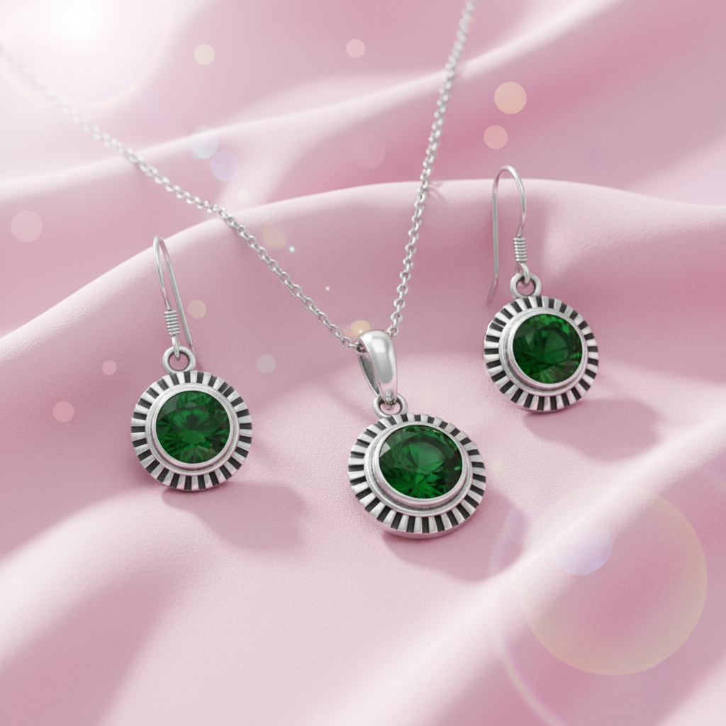 Green Stone Sunflower Pendent Sterling Silver Pendant Set with Chain for Women