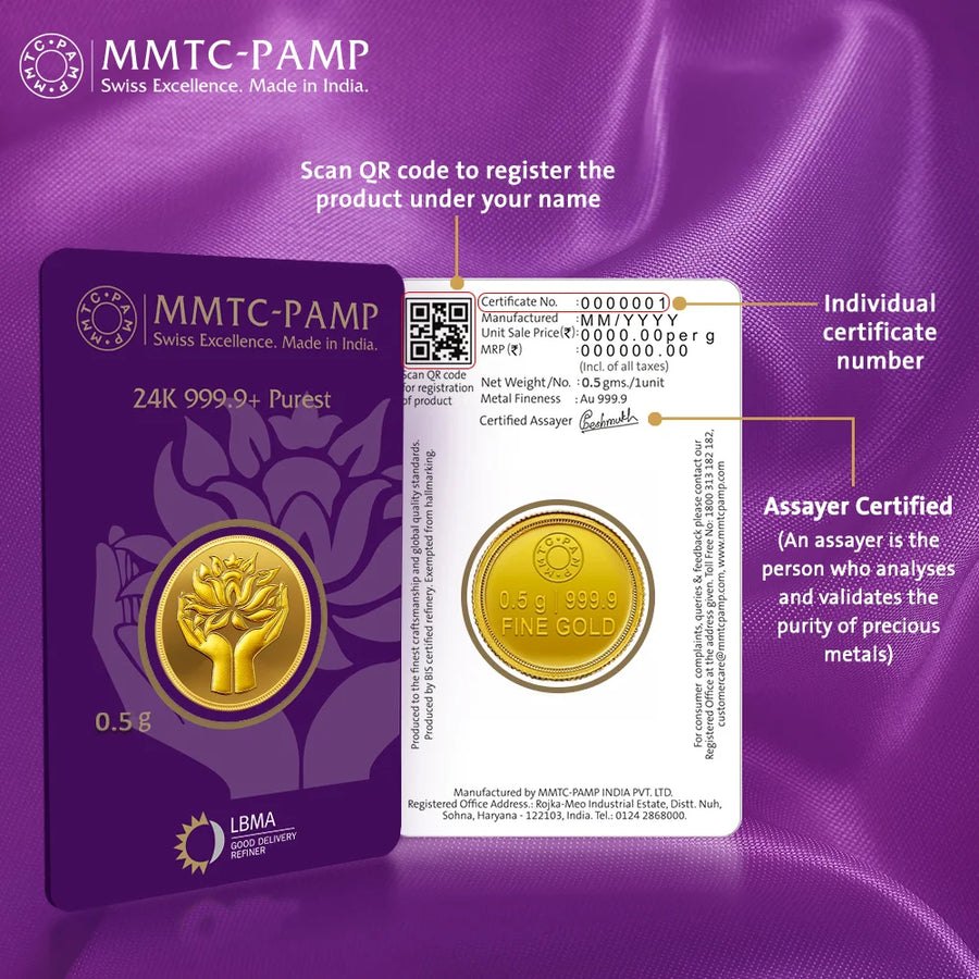 MMTC-PAMP 24K (999.9+) Purest 0.5g Lotus Gold Coin