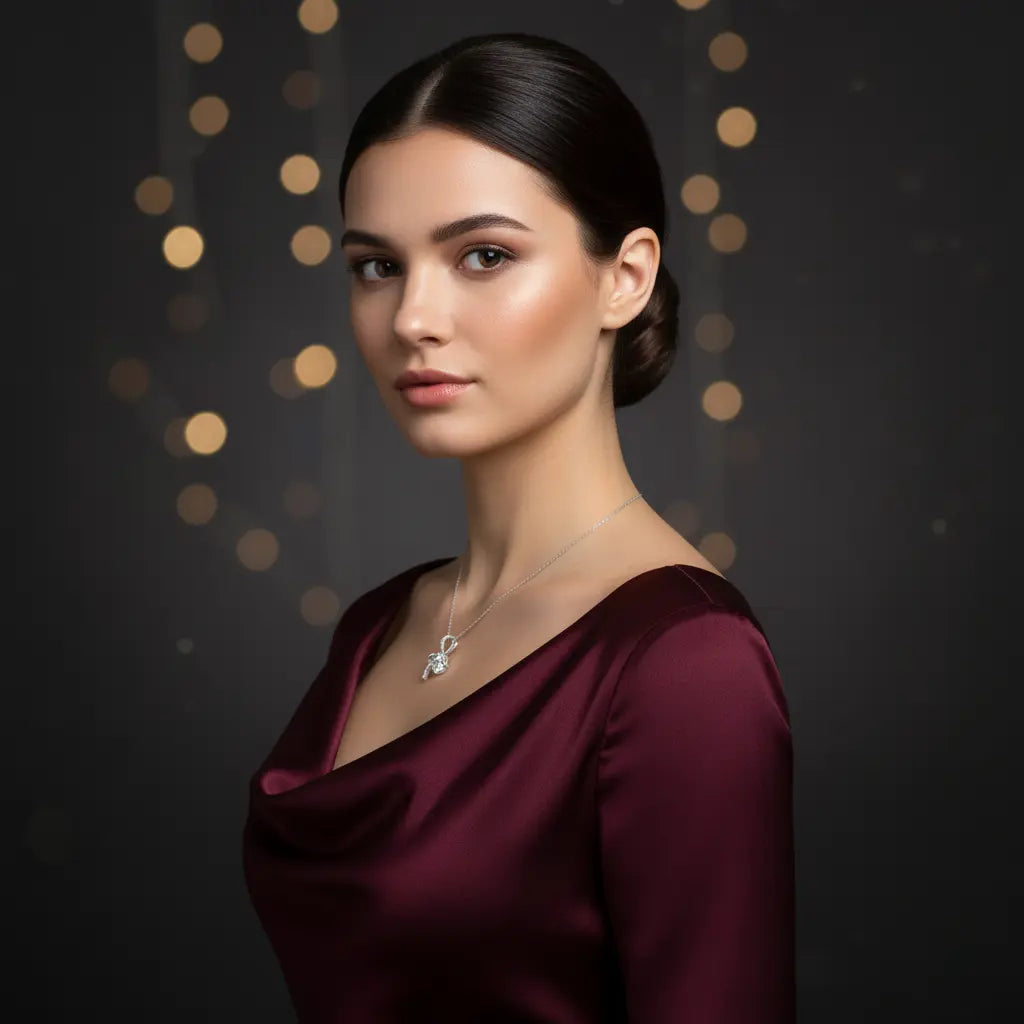 Woman wearing a burgundy dress with a blurred background of lights