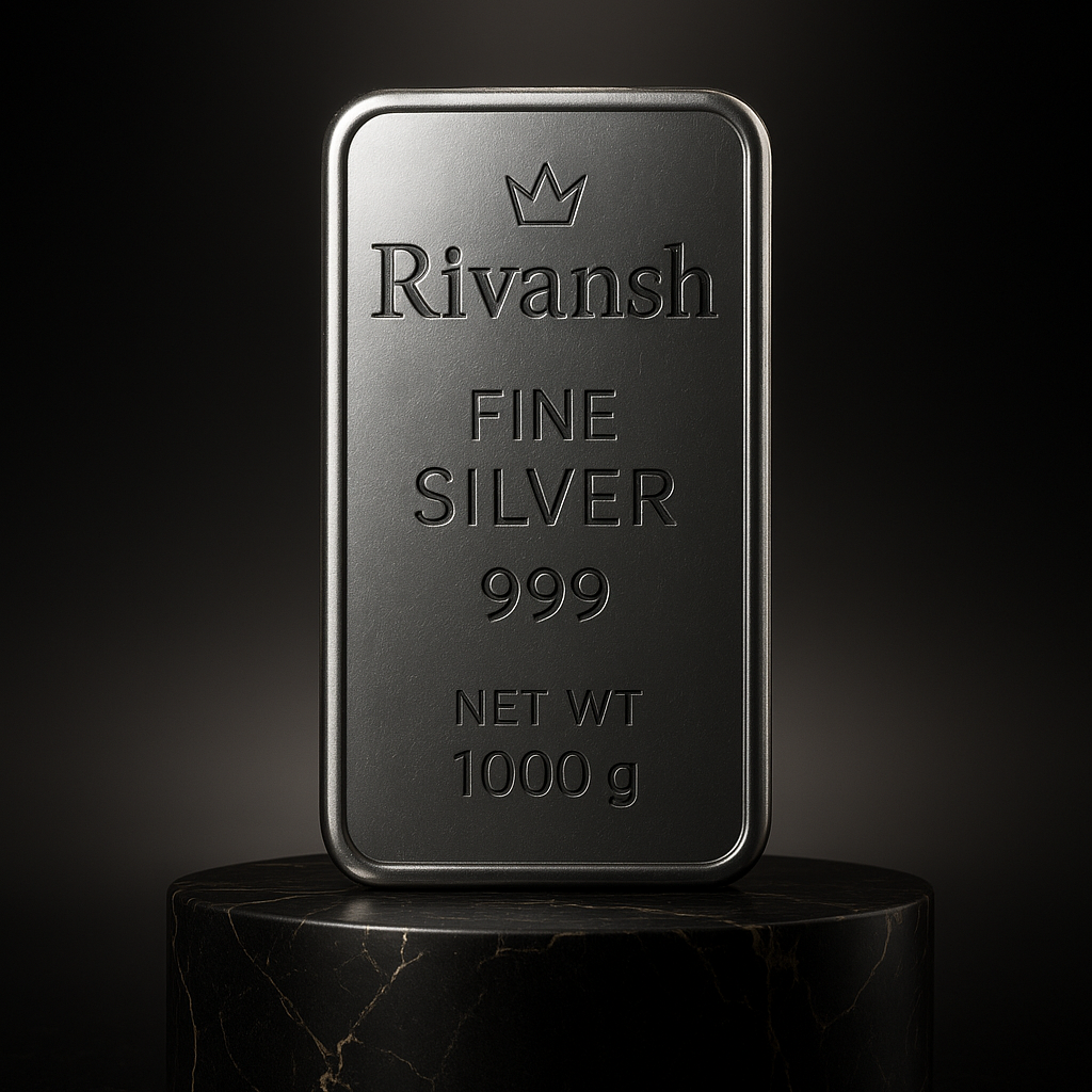 Crafted with 999 pure silver, the Rivansh Silver Brick features a flawless finish and hallmark detailing. The close-up highlights its smooth edges, fine polish, and certified purity, making it a perfect choice for both investment and gifting