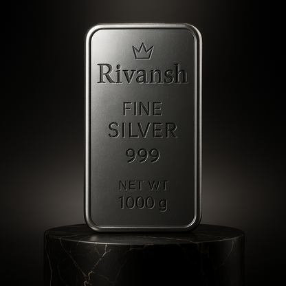 Crafted with 999 pure silver, the Rivansh Silver Brick features a flawless finish and hallmark detailing. The close-up highlights its smooth edges, fine polish, and certified purity, making it a perfect choice for both investment and gifting
